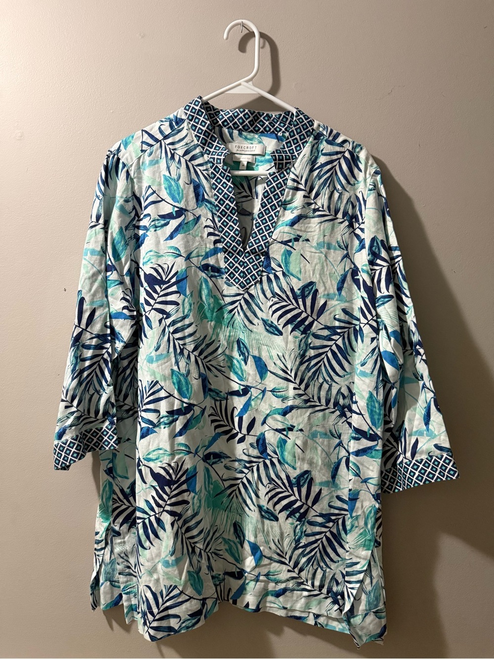 Foxcroft Blue and Teal Floral Print Button-Front Blouse